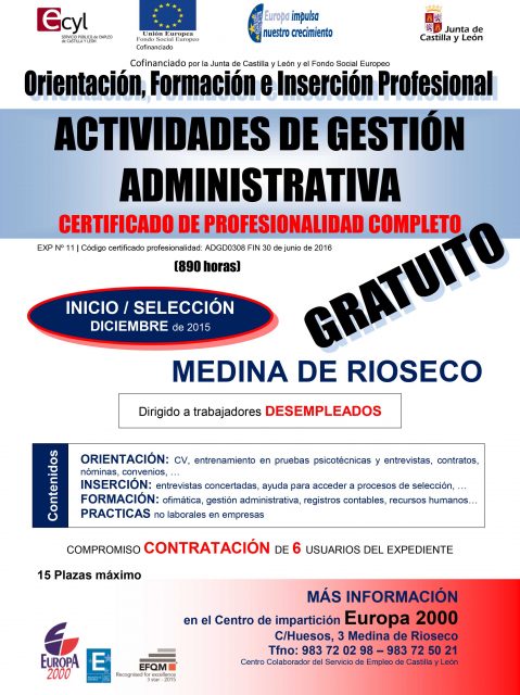 CURSO GRATUITO´ACTIVIDADES DE GESTIÓN ADMINISTRATIVA´ EN MEDINA DE RIOSECO